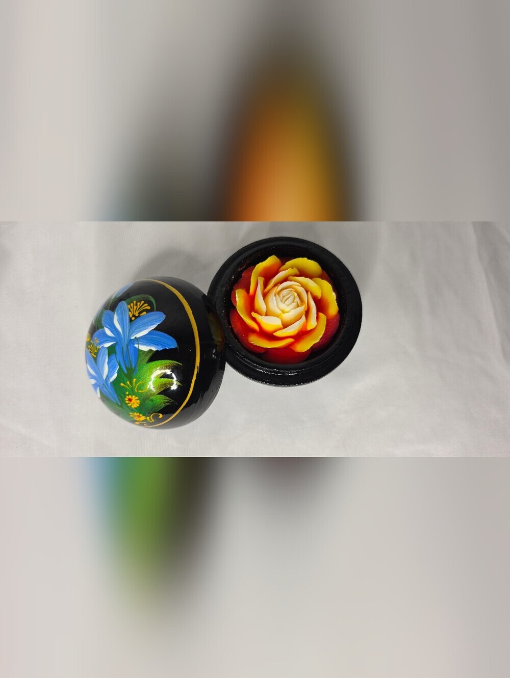 Hand Painted Wooden Trinket Box Round Black Floral Soap Flower Decor Russian Sty
